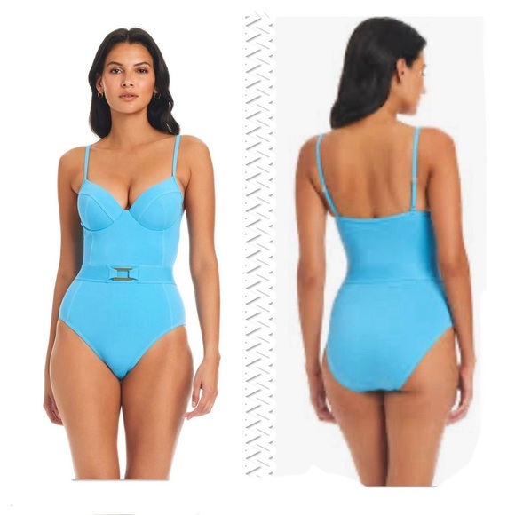 Stylish Blue Stitched One-Piece Swimsuit - Picture 1 of 8